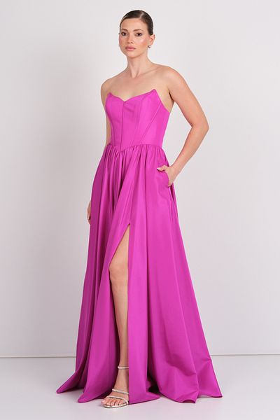 DORİDORCA Women's Strapless Taffeta Fabric Maxi Evening Dress with Corset at Waist 6133 Fuchsia