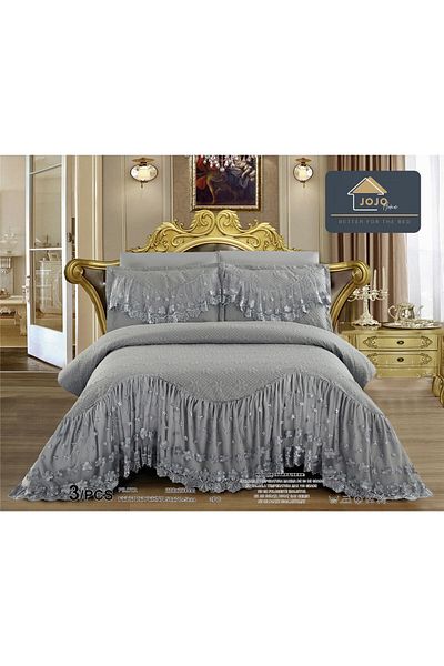 trendyhome Ruffled Bedspread, Double Bed, 3 Pieces, UNI, Gray, J14656