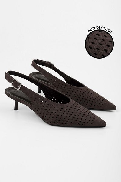 Shoeberry Women's Rilou Bitter Brown Suede Perforated Low-Cut Stiletto