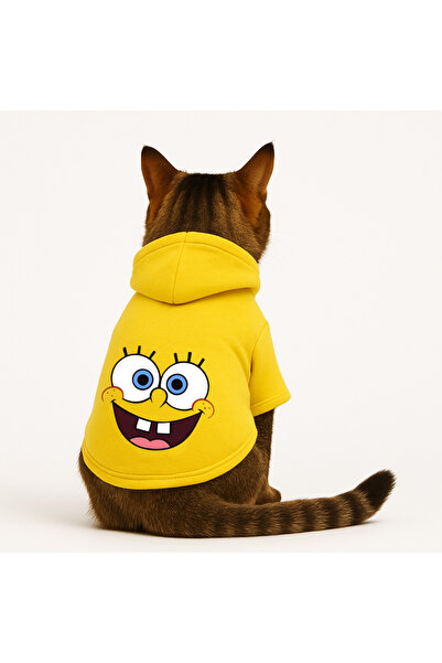Buddy Store سويت شيرت أصفر بقلنسوة على شكل قطة مطبوع عليه SpongeBob مقاس XL