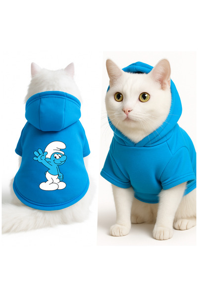 Buddy Store Kedi Kıyafeti Kapüşonlu Mavi Sweatshirt Hoodie Şirinler Baskılı M Beden