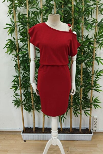 Mossta One Shoulder Accessory Detailed Crepe Dress - Claret Red