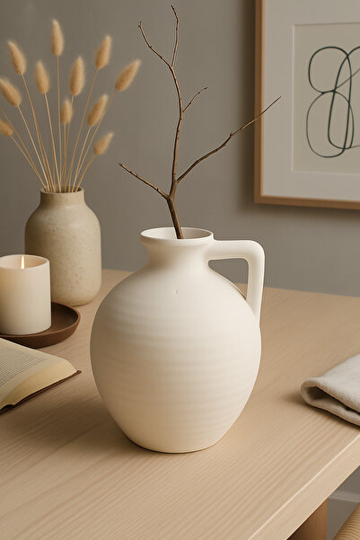 Lui Tasarım Krem Rengi Dekoratif Midi Boy Testi Doğal Dokulu İskandinav Sadeliği 18 cm