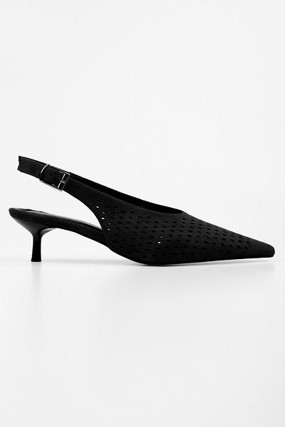 Shoeberry Women's Rilou Black Suede Perforated Low-Cut Stiletto