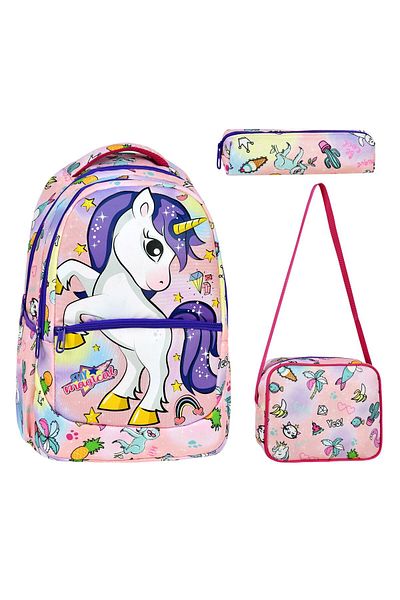Çanta Trend Geantă de școală cu model unicorn pentru școala primară din 3 piese, prânz pentru fete și suport pentru stilou