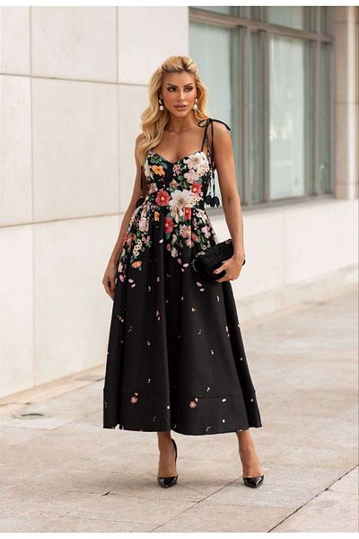 Bleu Petite Black Floral Patterned Imported Crepe Fabric Women's Dress