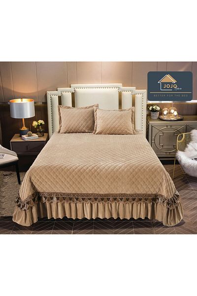 trendyhome Husă de pilotă premium din catifea, pat dublu, 3 piese, UNI, crem, J11117