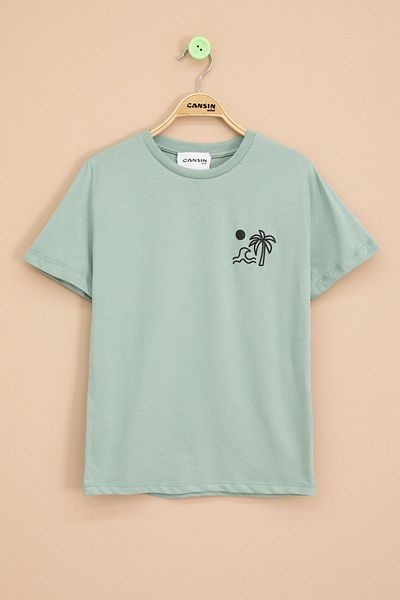 Cansın Mini Tricou cu mânecă scurtă pentru băiat cu imprimeu palmier verde și scris pe spate 20929