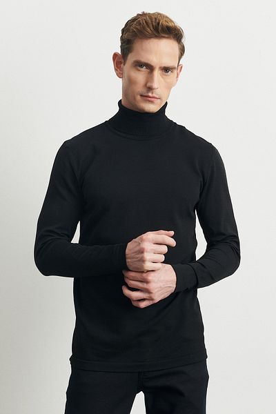 AC&Co / Altınyıldız Classics Men's Black Standard Fit Regular Cut Full Turtleneck Soft Textured Basic Knitwear Sweater