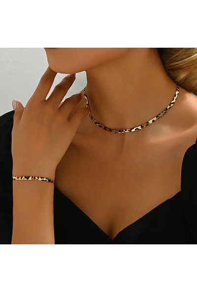 Atılgan Grp Leopard Pattern Flat Snake Chain Necklace and Bracelet Set, 2-Piece Classic Simple Style Jewelry Set