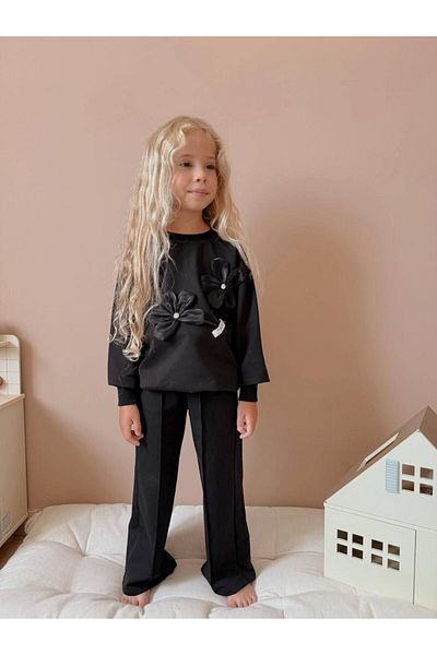 YİGİT BUTİK Yigit Boutique Flower Applique Embroidered Long Sleeve Girls Bottom Top Set