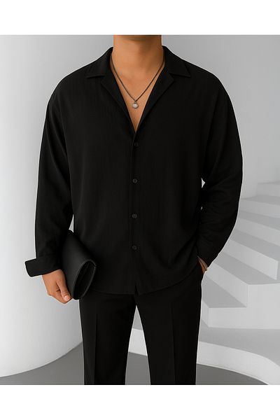 NO1 KONSEPT Μαύρο ύφασμα Tiril με υφή Loose Fit Flowy μακρυμάνικο πουκάμισο