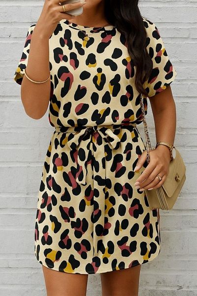 Mossta Round Neck Belted Patterned Single Jersey Dress - Leopard
