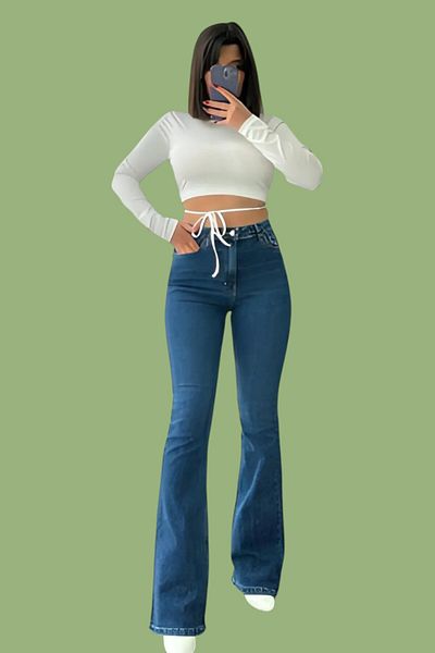 byhaziran butik Clara Women's Medium Blue High Waist Stretchy Denim Fabric Flare Jeans