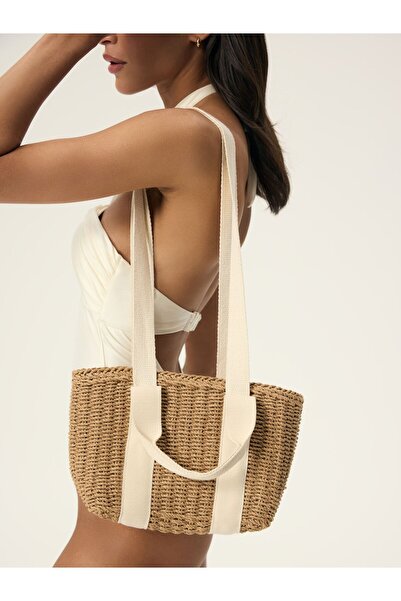 ESOTIQ Geantă de umăr de vară din paie țesută cu mânere și căptușeală | Bergamo