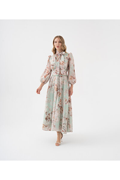 SERPİL %100 Keten Çiçek Desenli Bağlama Yaka Uzun Elbise