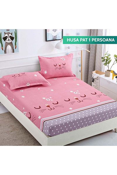 trendyhome Husă de pat pentru o persoană cu elastic, bumbac fin, 90 x 200 cm, Kittens, roz, J9835