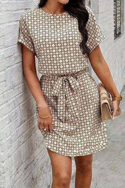 Mossta Round Neck Belted Patterned Single Jersey Dress - Patterned