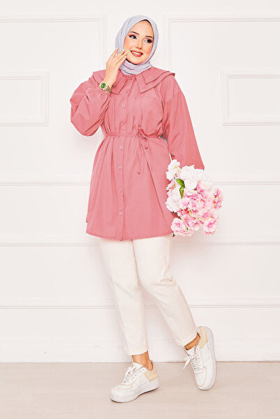 EBRUTESETTÜR Çift Yakalı Beli Bağcıklı Tesettür Gömlek Fuşya