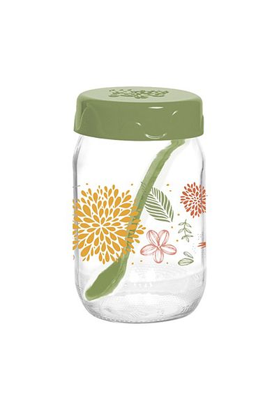 Herevin 370ml Glass Spice Jar with Decorative PP Green Lid and Spoon Botanic, Transparent