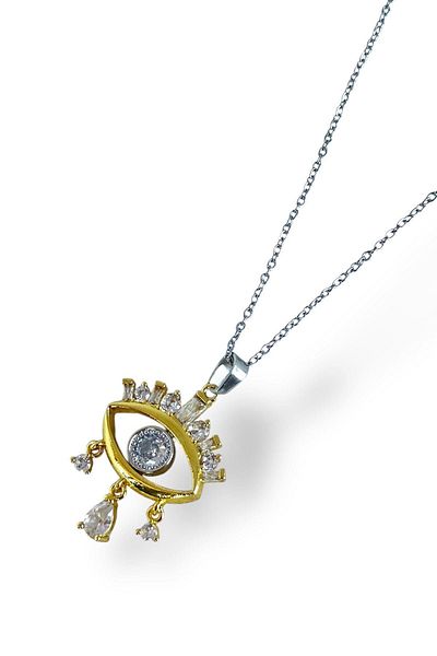 TAKIŞTIR Silver and Gold Color Eye Figured Stone Detailed Steel Necklace