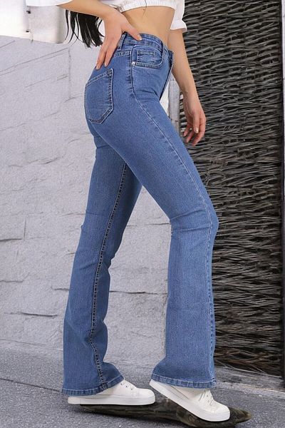 byhaziran butik Onna Spanish Leg Colorfast Medium Blue Stretchy High Waist Denim Pants
