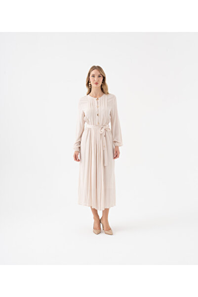 SERPİL Büzgü Detaylı Kuşaklı Düğmeli Uzun Elbise