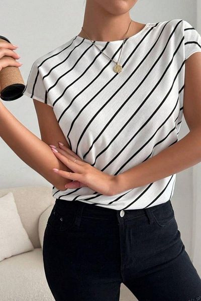 Mossta Crew Neck Striped Atlas Blouse - White