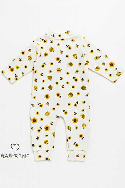 BABYDEN'S Sunflower & Bee Patterned 100% Cotton Ribbed Textured Snap Fastener Long Sleeve Baby Romper Ribbed Romper