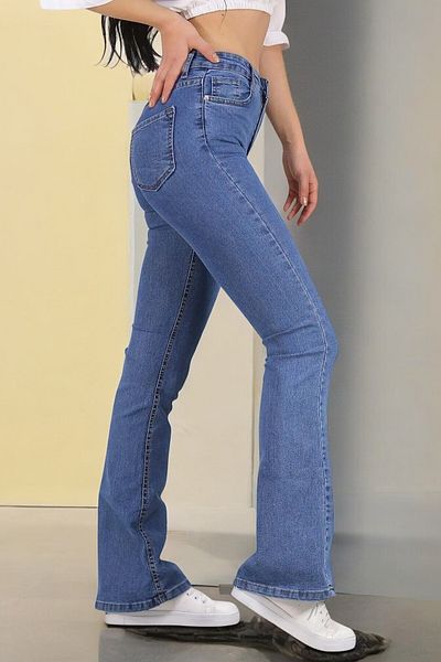 byhaziran butik Faustine Women's Medium Blue Lycra High Waist Wide Leg Jeans
