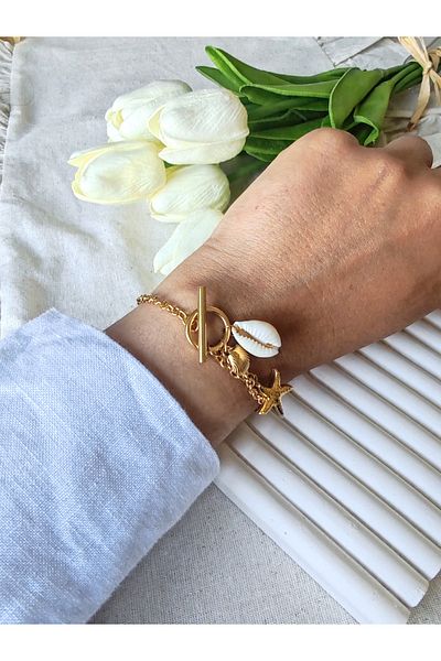 İLKYAZ Accessories Steel Bracelet with Charm of Mussels and Sea Shell