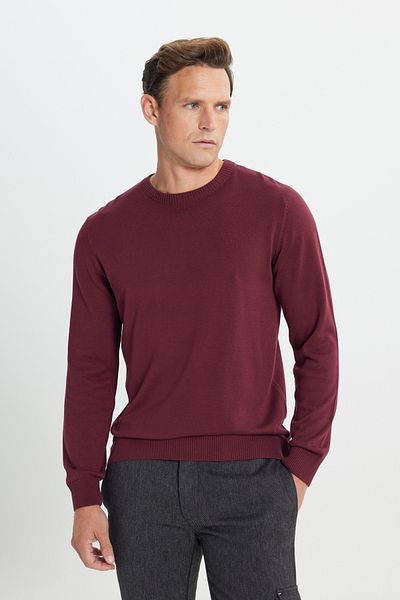 AC&Co / Altınyıldız Classics Men's Claret Red Standard Fit Normal Cut Crew Neck Cotton Knitwear Sweater
