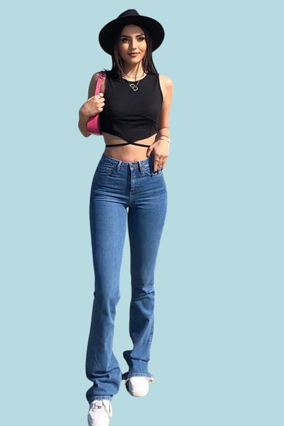 byhaziran butik Fabienne Spanish Leg Colorfast Medium Blue Stretchy High Waist Denim Pants