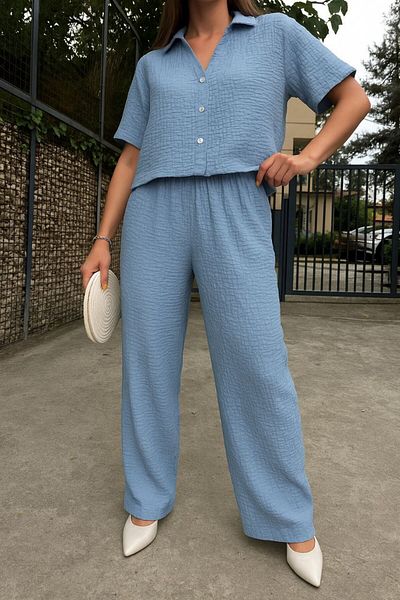 SEVENLINE Women's Polo Neck Wrinkle Crop - Pants Bottom Top Set