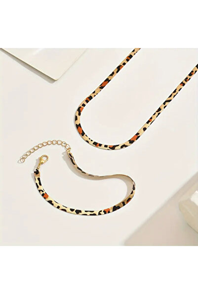 Atılgan Grp Leopard Pattern Flat Snake Chain Necklace and Bracelet Set, 2-Piece Classic Simple Style Jewelry Set
