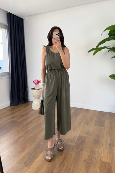 BİRCANÇİL Bello Khaki Back Cross Detailed Strap Jumpsuit