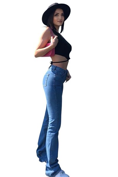 byhaziran butik Auralia Women's High Waist Stretch Fabric Medium Blue Flare Jeans