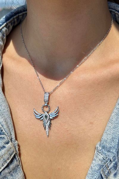 TAKIŞTIR Silver Color Steel Necklace with Stone Detail and Phoenix Bird Figure
