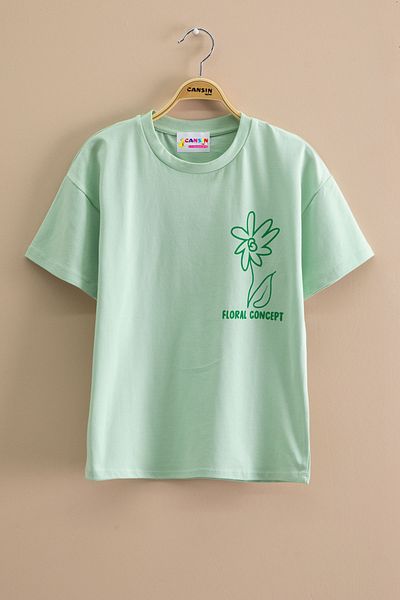 Cansın Mini Tricou pentru fete cu decolteu cu imprimeu floral verde 20967