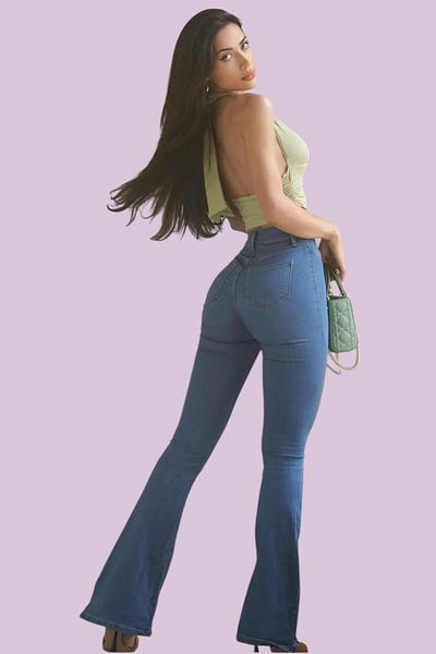 byhaziran butik Florence Women's High Waist Medium Blue Denim Flare Jeans