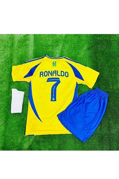 seonglobal 2023 Al Nasr .Yellow cristiano ronaldo Set de tricou pentru copii 3 tricouri+short+brățară
