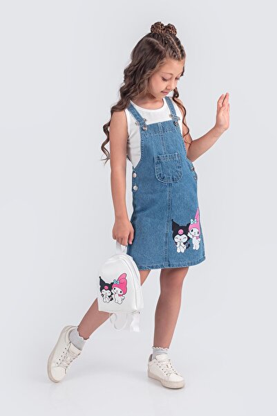 Minik Dolap Kuromi Patterned Girl's Denim Gilet Dress - with Bag