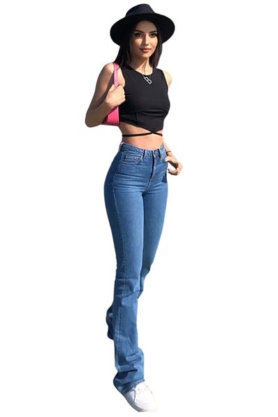 byhaziran butik Audrey Medium Blue Non-Fading Lycra High Waist Denim Spanish Leg Jeans