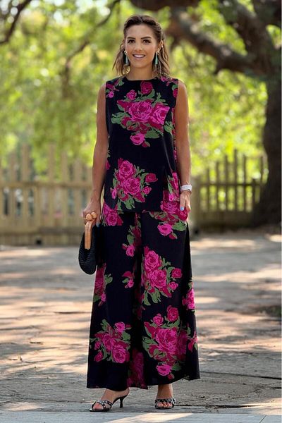 Nevin Kaya Moda Sicily Pink Rose Patterned Trousers Blouse Double Set