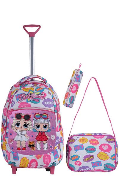 Çanta Trend Set școlar din 3 piese cu racletă, ghiozdan pentru școală primară cu model alb + cutie de prânz + suport pentru stilou