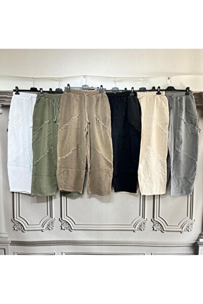 NUR TEKSTİL Kadın krem Keten Beli Lastikli Bağcıklı Fileli Pis Dikiş cepli Sa...