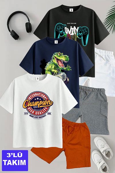 twins tailors Dinosaur and Game Console Printed 3 Pieces Summer T-Shirt-Shorts Children's Set