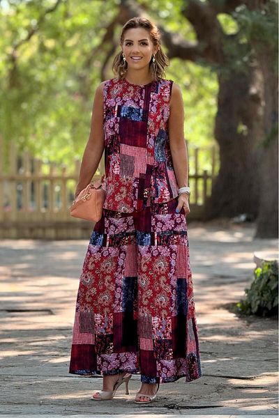 Nevin Kaya Moda Sicily Red Amber Patterned Trousers Blouse Double Set