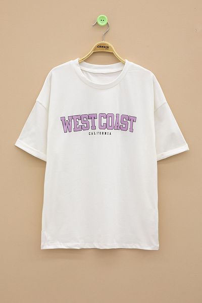Cansın Mini تي شيرت Ecru West Coast مكتوب بأكمام قصيرة للفتيات برقبة دائرية 20960