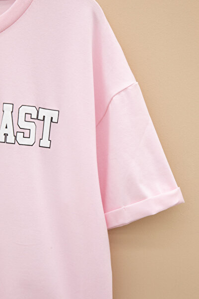 Cansın Mini Pink West Coast γραμμένο κοντομάνικο μπλουζάκι για κορίτσια με λαιμόκοψη 20962